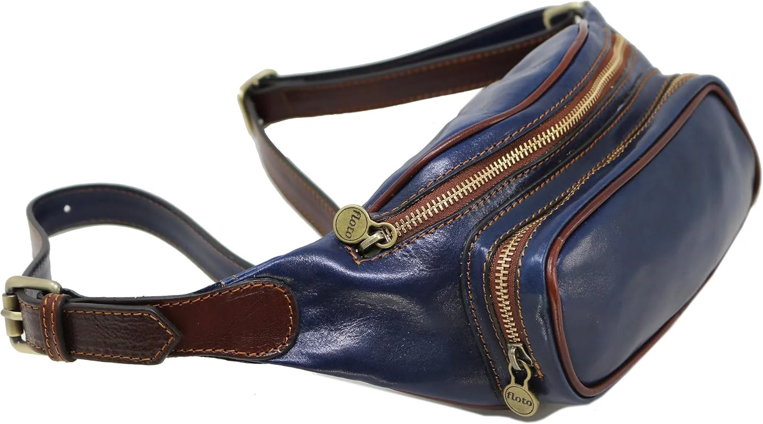 Floto Leather Fanny Pack Daypack Waist Bag Belly Belt Bag (Blue and Brown)