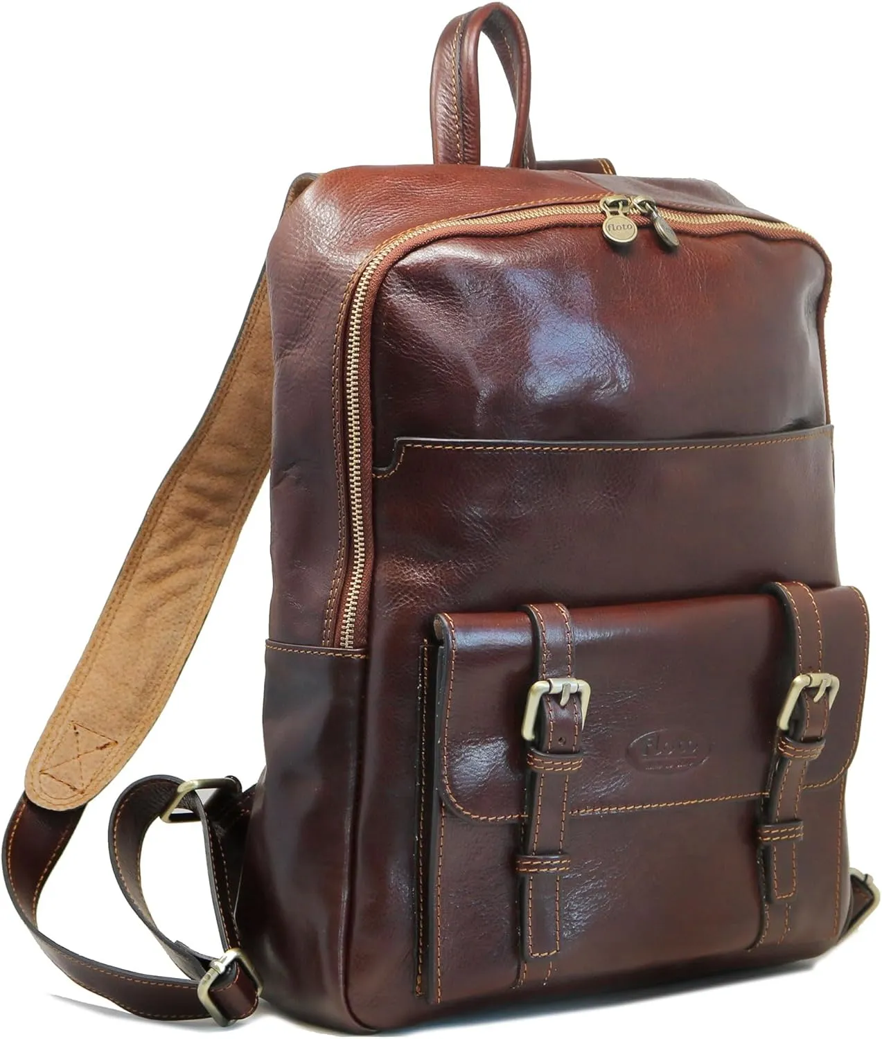 Floto Sabina Leather Backpack Shoulder Bag Knapsack with Laptop Pocket (Vecchio Brown)