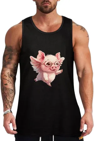 Flying Cute Piggy Mens Tank Top Cotton Undershirt Crewneck Sleeveless Shirt for Summer