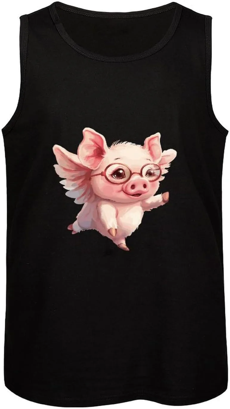 Flying Cute Piggy Mens Tank Top Cotton Undershirt Crewneck Sleeveless Shirt for Summer