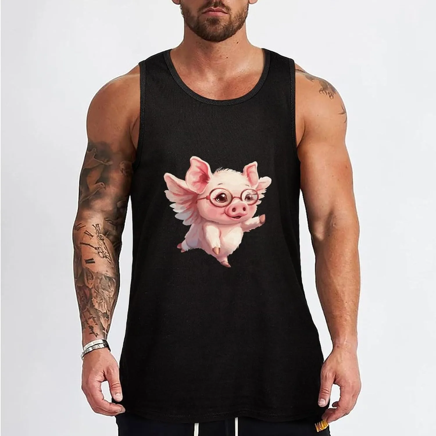 Flying Cute Piggy Mens Tank Top Cotton Undershirt Crewneck Sleeveless Shirt for Summer