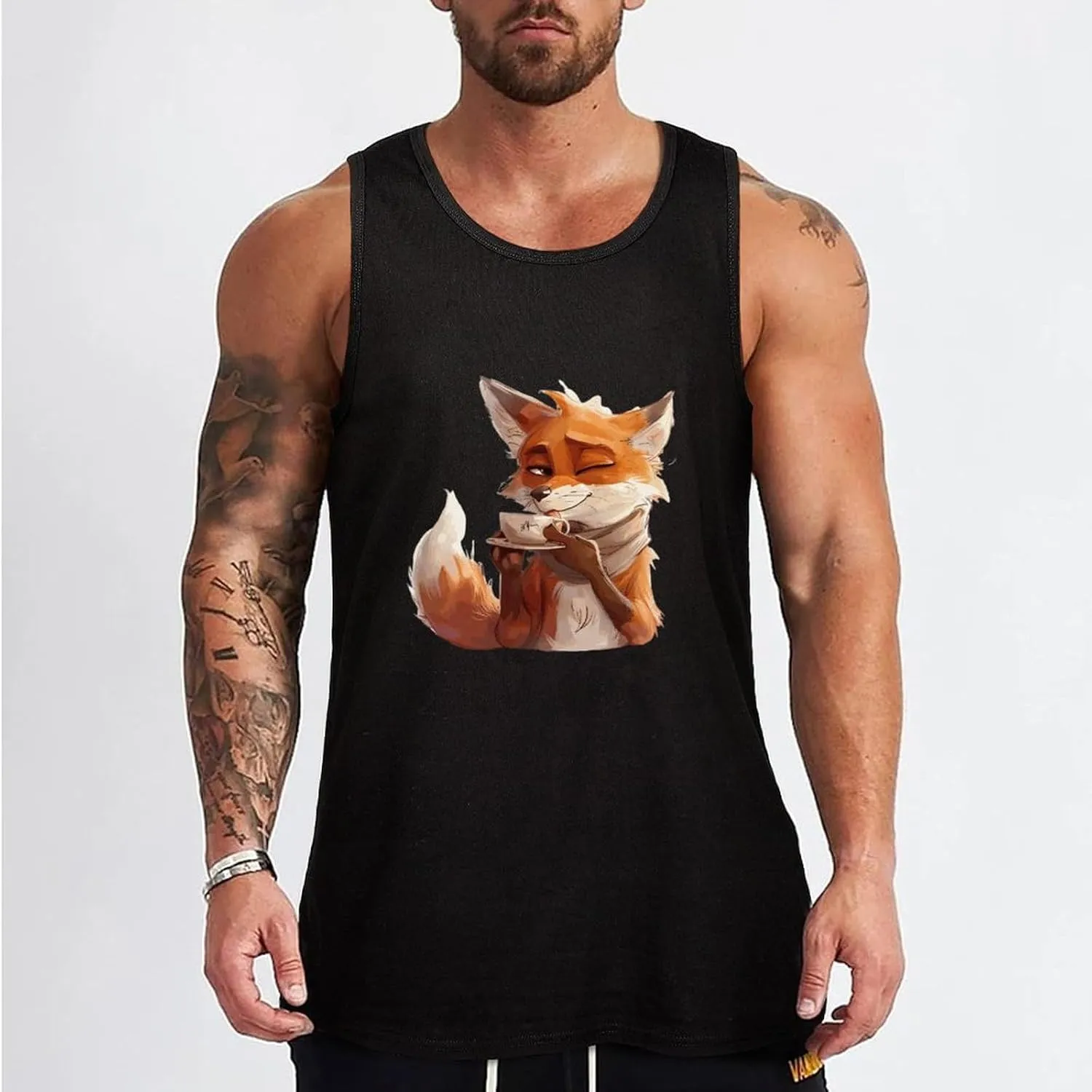 Fox Tea Mens Tank Top Cotton Undershirt Crewneck Sleeveless Shirt for Summer