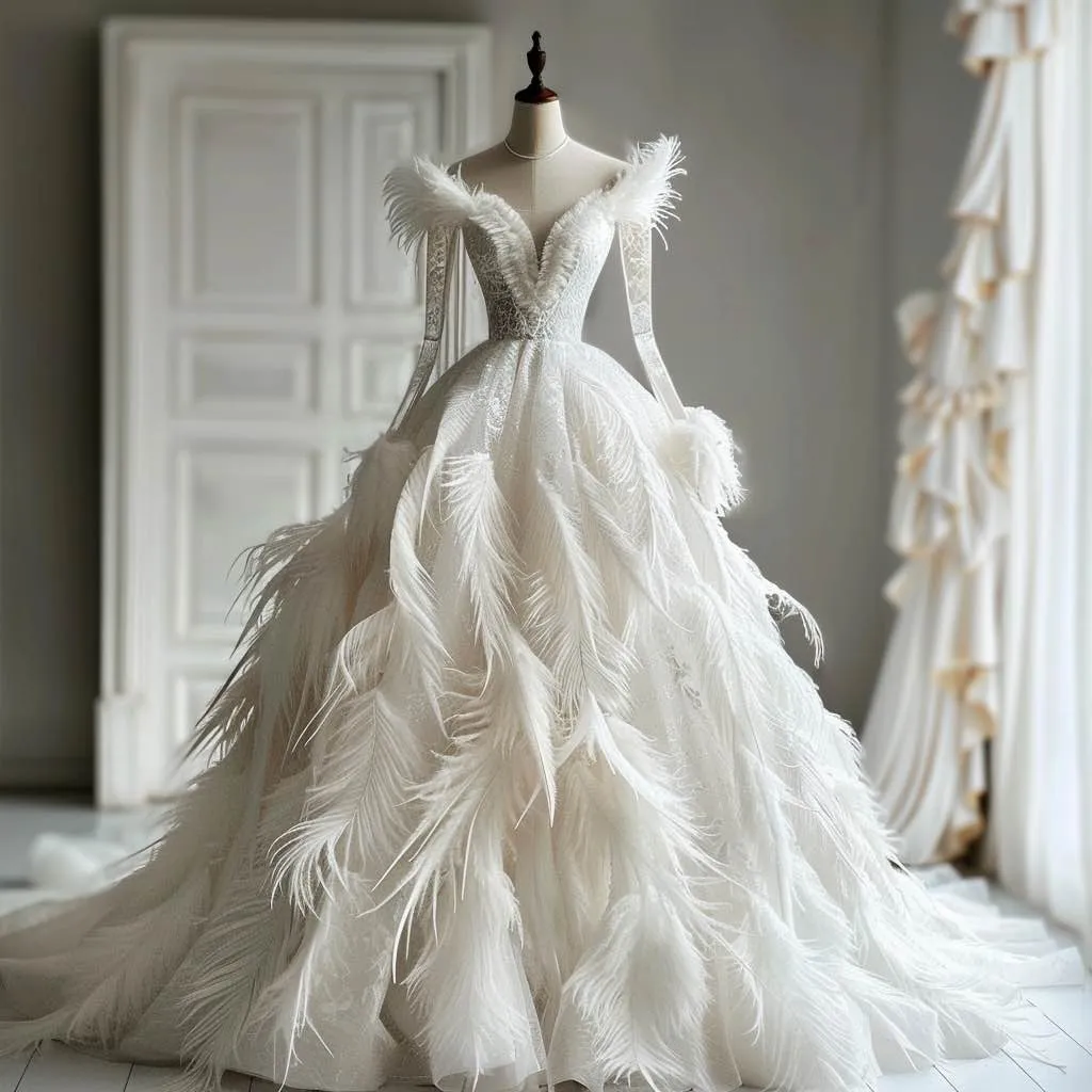 Freya  Champagne PrincessFeather Touch White Long Sleeves Ball Gown Wedding Dress