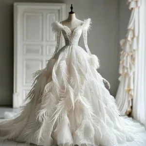 Freya  Champagne PrincessFeather Touch White Long Sleeves Ball Gown Wedding Dress