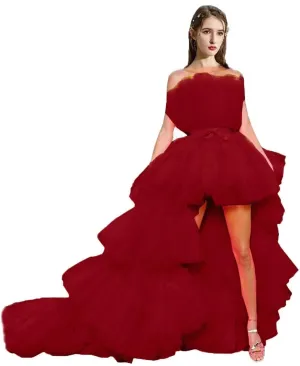 FTBY Women Tiered High Low Prom Dress Bow Sash Tulle Homecoming Pageant Dresses Hot Pink Long