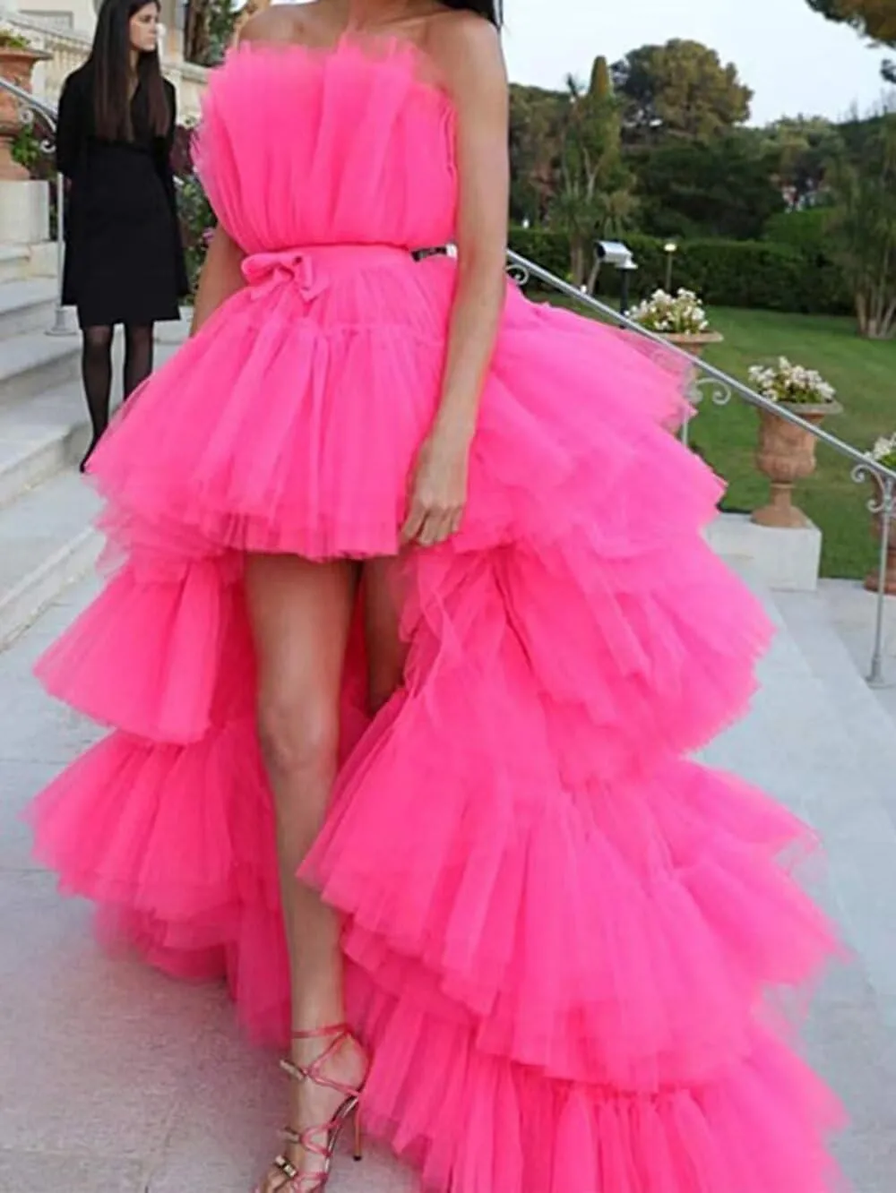FTBY Women Tiered High Low Prom Dress Bow Sash Tulle Homecoming Pageant Dresses Hot Pink Long