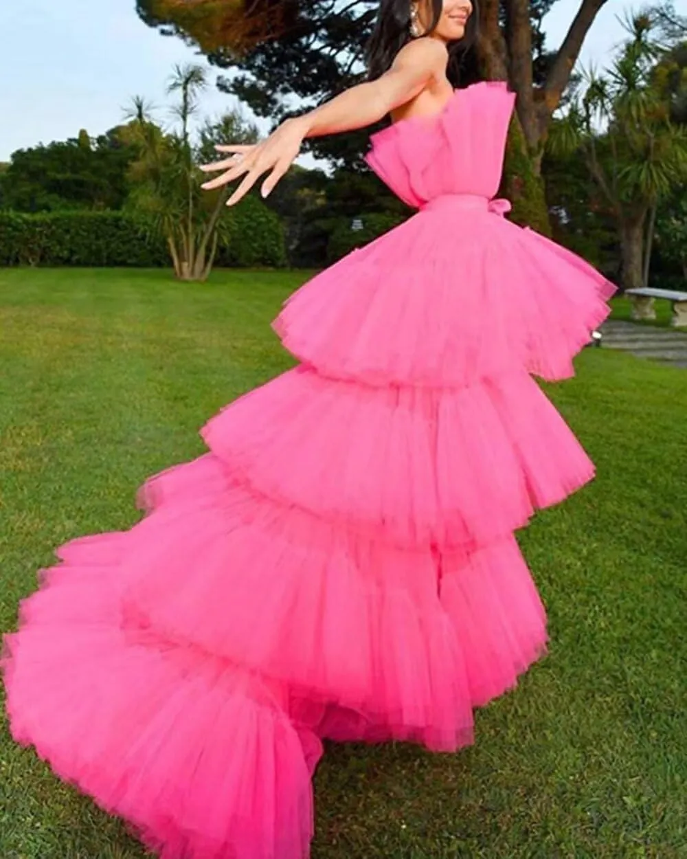 FTBY Women Tiered High Low Prom Dress Bow Sash Tulle Homecoming Pageant Dresses Hot Pink Long
