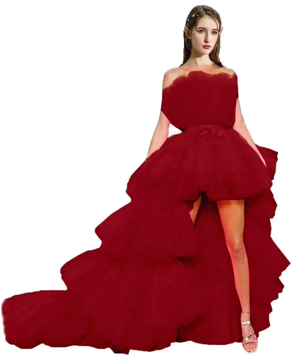 FTBY Women Tiered High Low Prom Dress Bow Sash Tulle Homecoming Pageant Dresses Hot Pink Long