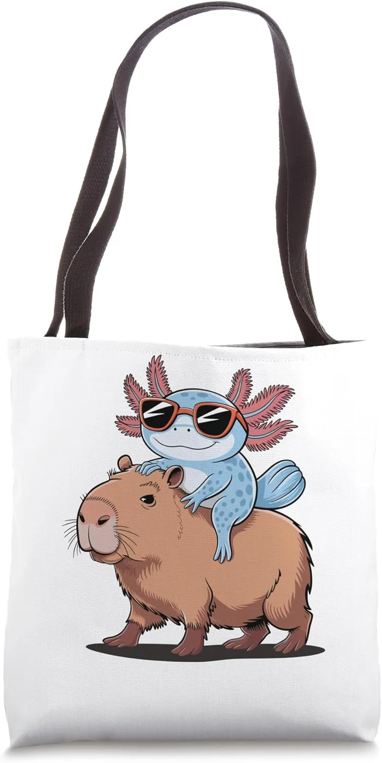 Funny Axolotl Design Axolotl with Sunglasses Riding Capybara Tote Bag