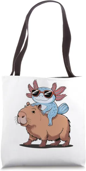 Funny Axolotl Design Axolotl with Sunglasses Riding Capybara Tote Bag