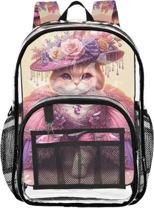Funny Cute Cat Pink Travel Clear Bags for Women Girls Backpack for Kids Large Plastic Approved Bag