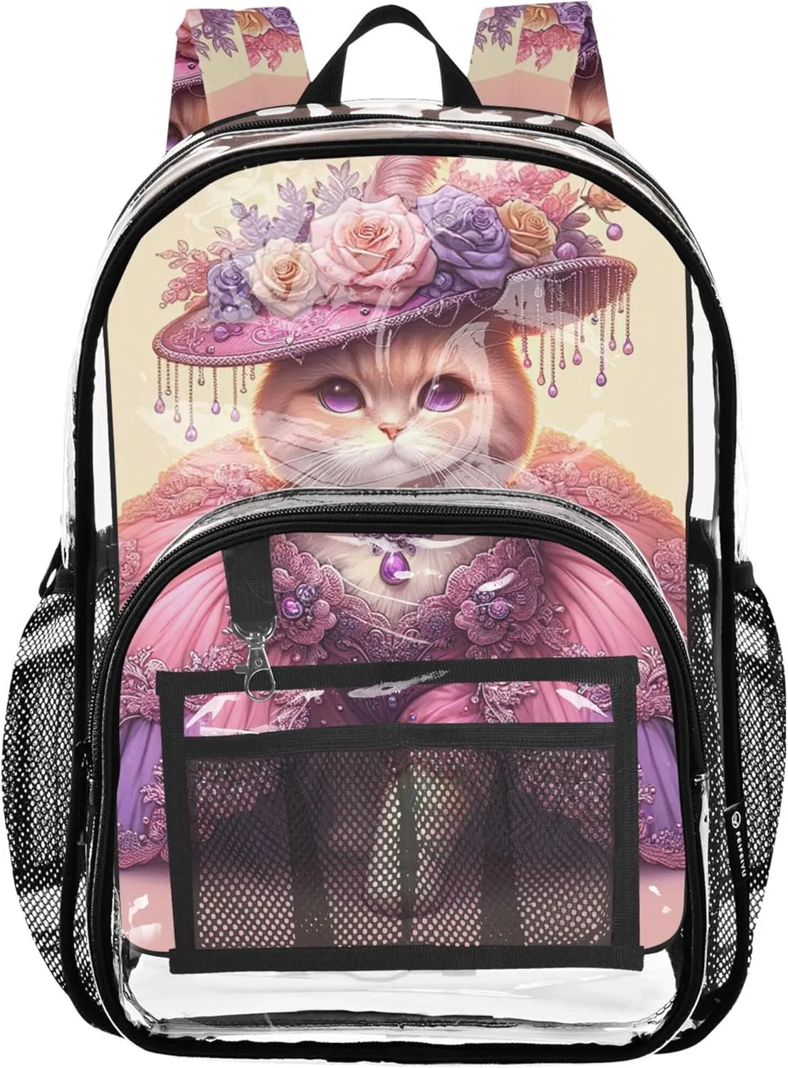 Funny Cute Cat Pink Travel Clear Bags for Women Girls Backpack for Kids Large Plastic Approved Bag