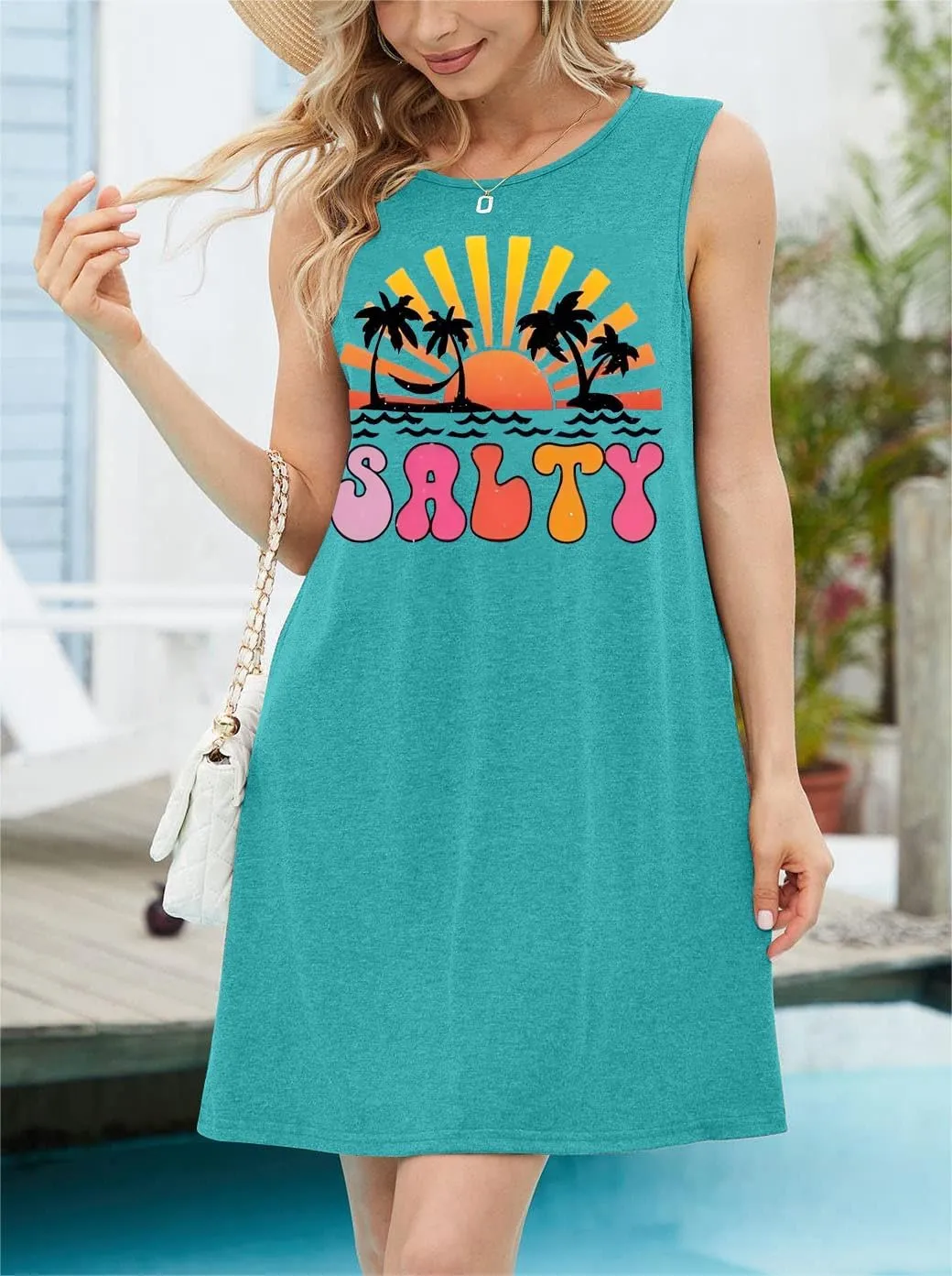Funny Cute Sleeveless Letter Print Graphic Tank Dress for Women Summer Casual Beach Cover Up Hawaiian Vacation Outfits