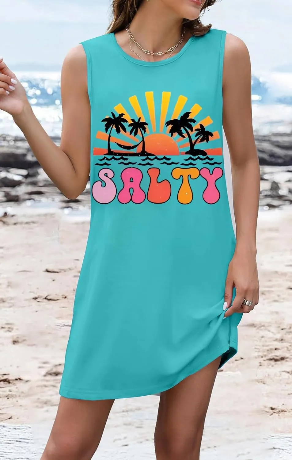 Funny Cute Sleeveless Letter Print Graphic Tank Dress for Women Summer Casual Beach Cover Up Hawaiian Vacation Outfits