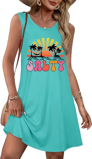 Funny Cute Sleeveless Letter Print Graphic Tank Dress for Women Summer Casual Beach Cover Up Hawaiian Vacation Outfits