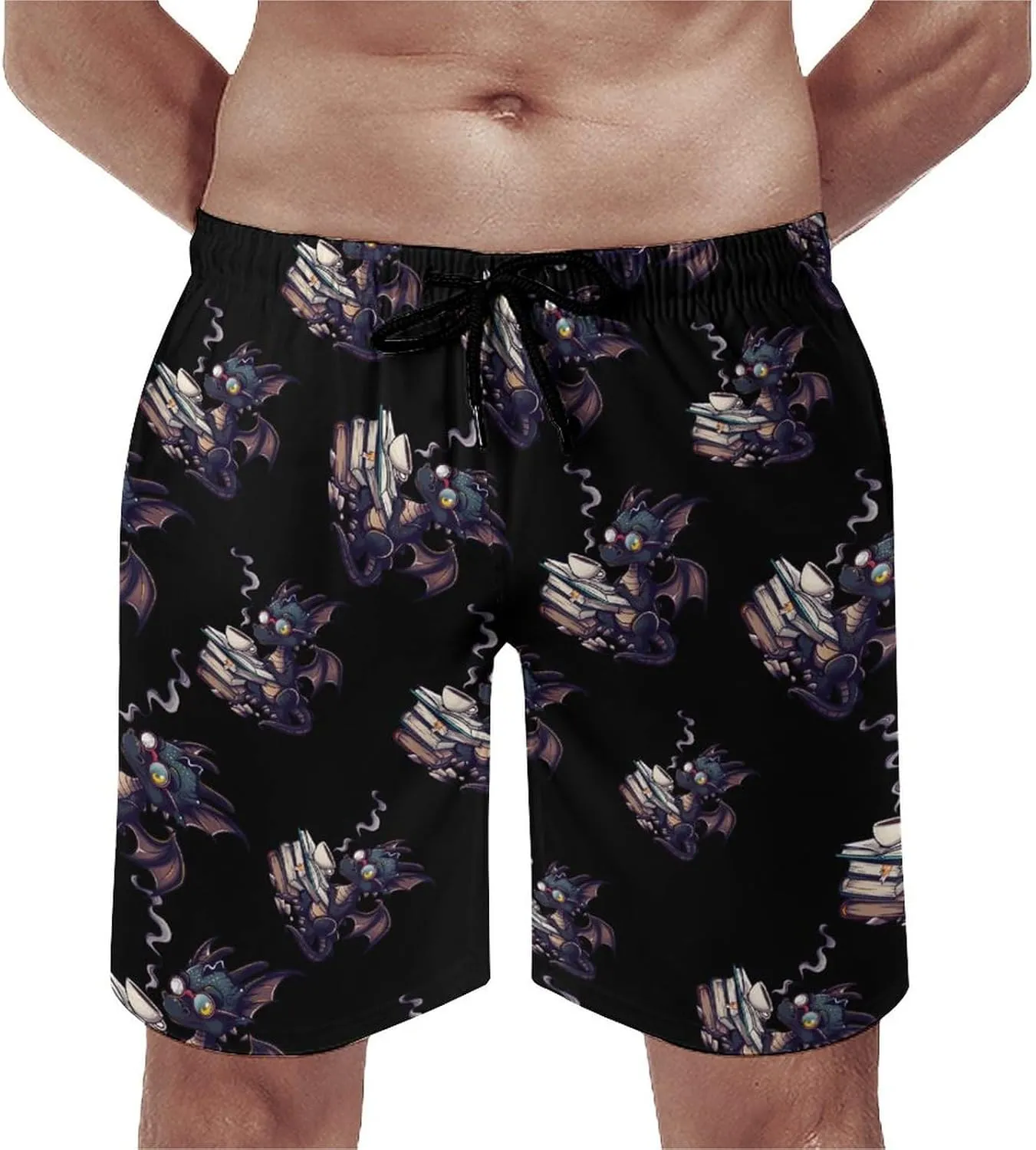 Funny Dragon Read Books Men's Swim Trunks Quick Dry Board Shorts Breathable Summer Beach Shorts Bathing Suits