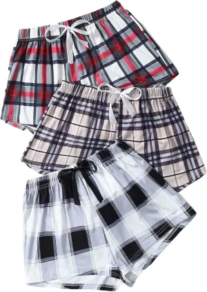 GORGLITTER Women's 3 Piece Plaid Pajama Shorts Elastic Waist Cute Pj Shorts