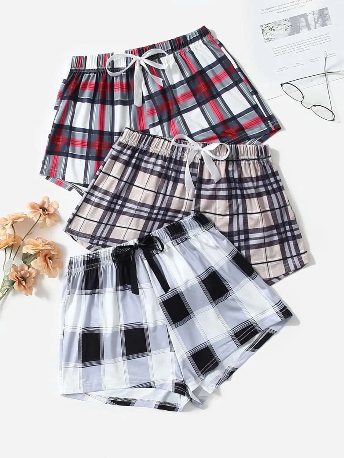 GORGLITTER Women's 3 Piece Plaid Pajama Shorts Elastic Waist Cute Pj Shorts