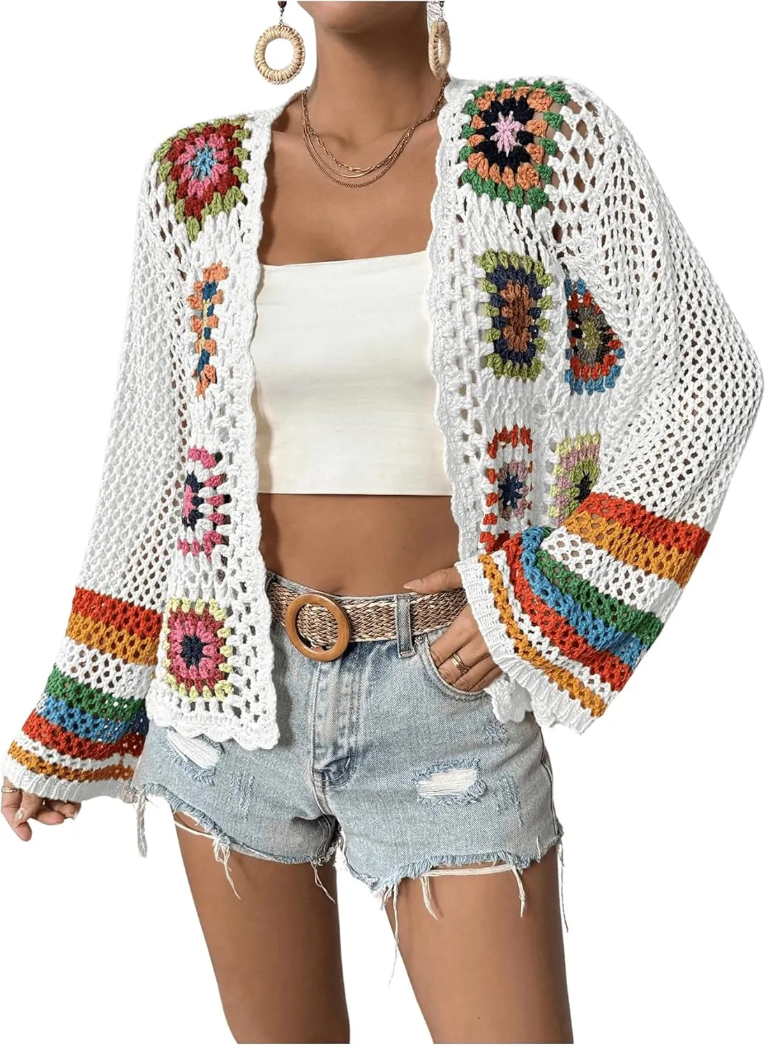GORGLITTER Women's Floral Colorful Crochet Kimono Cardigan Hollow Out Long Sleeve Cover Ups