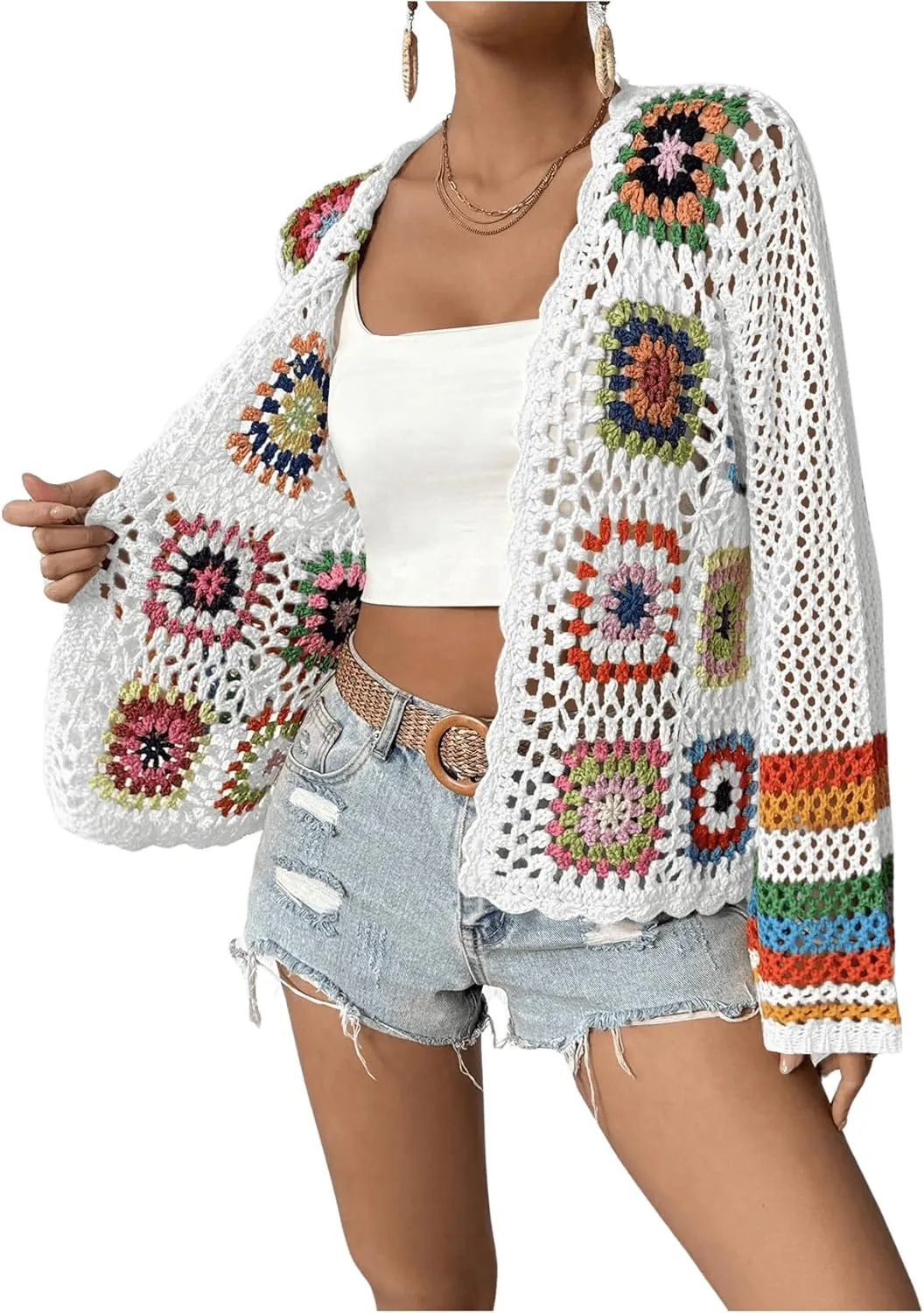 GORGLITTER Women's Floral Colorful Crochet Kimono Cardigan Hollow Out Long Sleeve Cover Ups