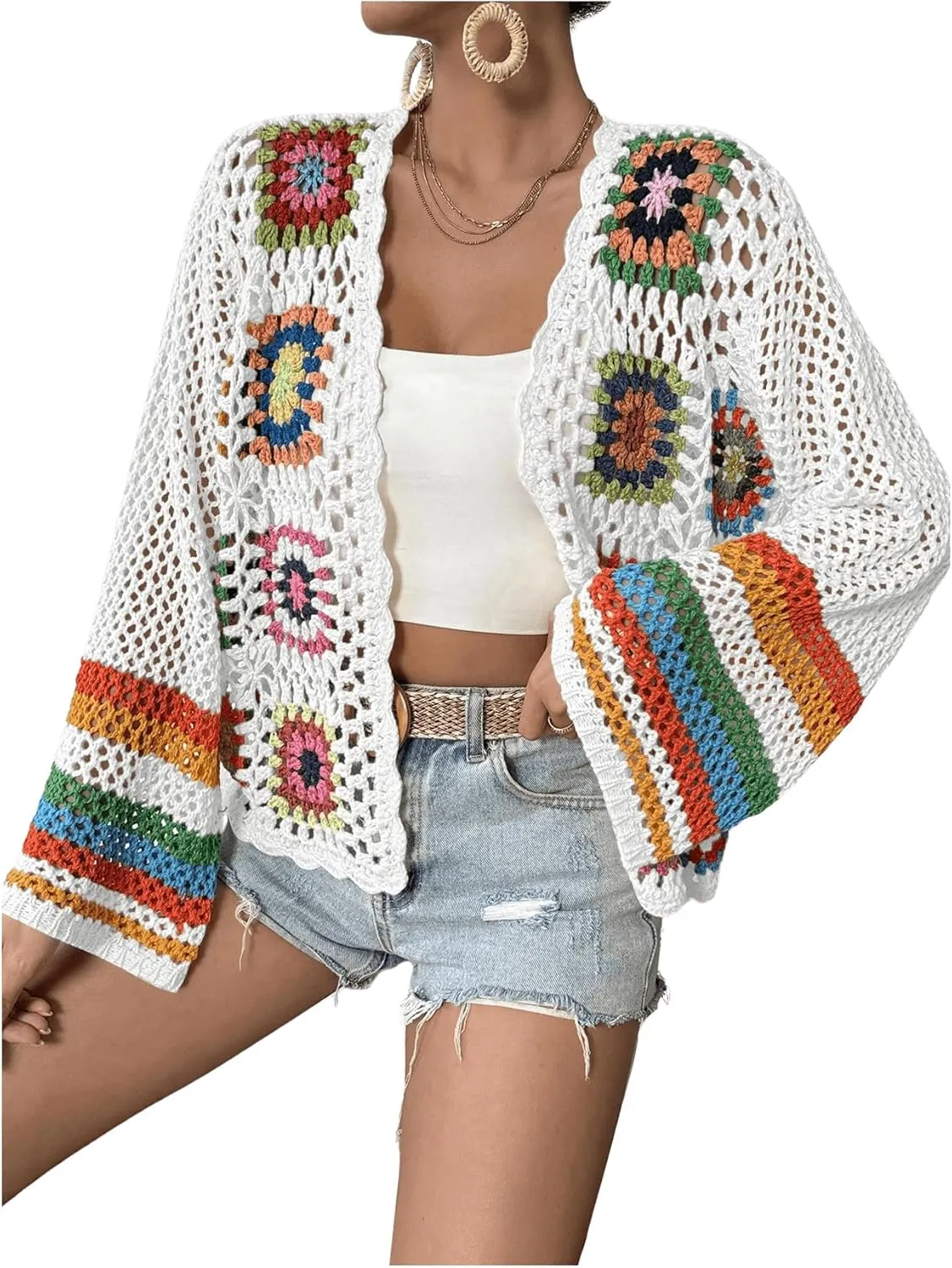 GORGLITTER Women's Floral Colorful Crochet Kimono Cardigan Hollow Out Long Sleeve Cover Ups