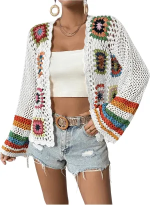 GORGLITTER Women's Floral Colorful Crochet Kimono Cardigan Hollow Out Long Sleeve Cover Ups