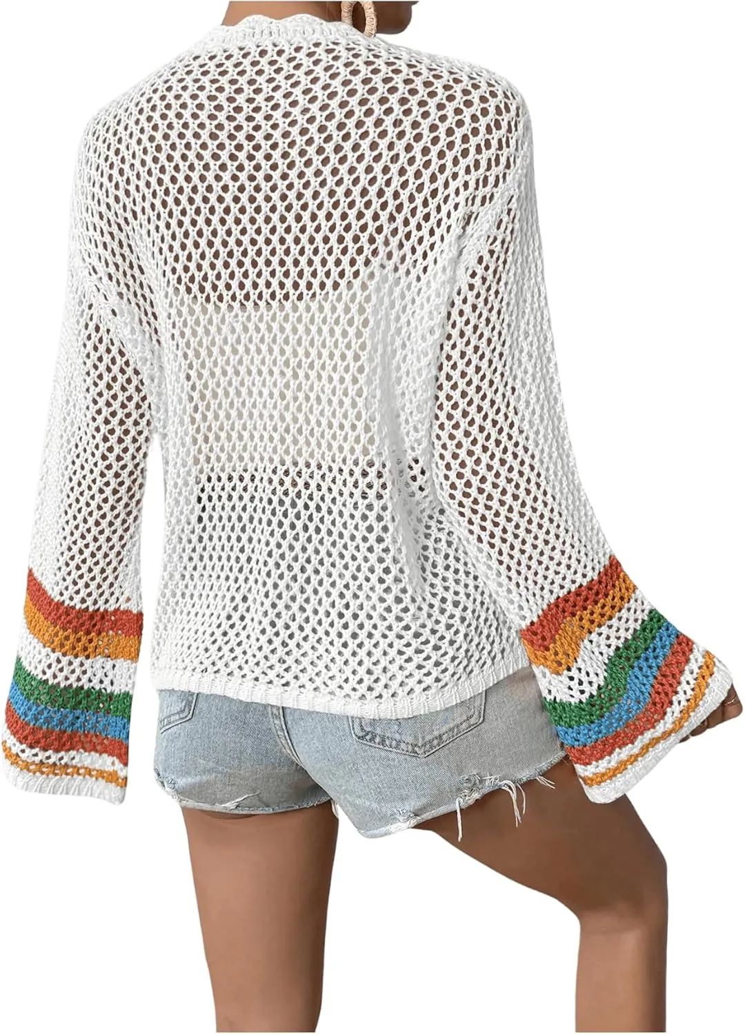 GORGLITTER Women's Floral Colorful Crochet Kimono Cardigan Hollow Out Long Sleeve Cover Ups