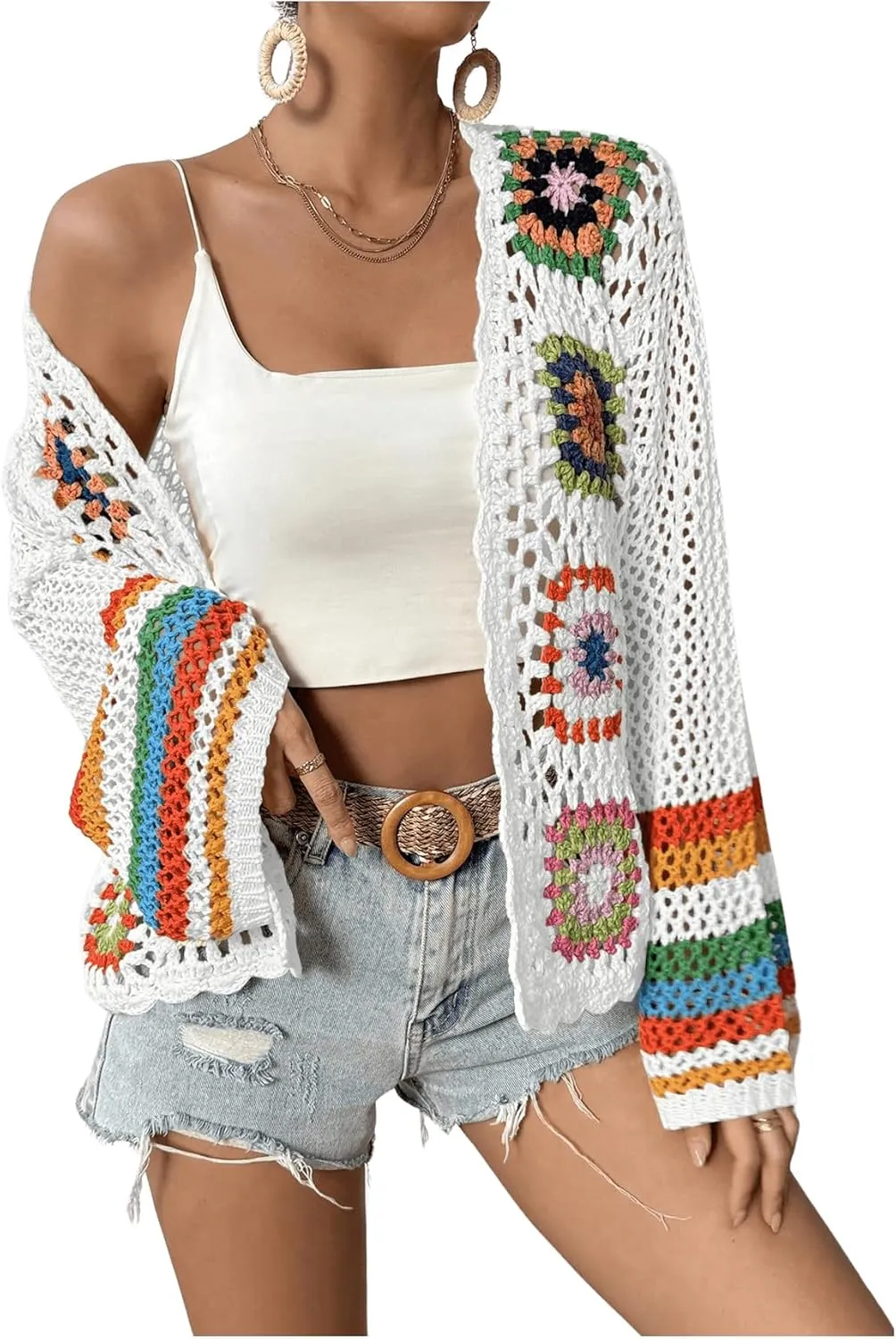 GORGLITTER Women's Floral Colorful Crochet Kimono Cardigan Hollow Out Long Sleeve Cover Ups