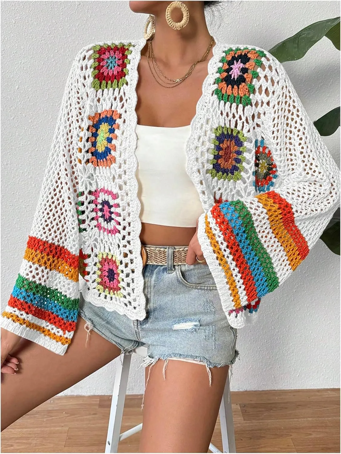 GORGLITTER Women's Floral Colorful Crochet Kimono Cardigan Hollow Out Long Sleeve Cover Ups