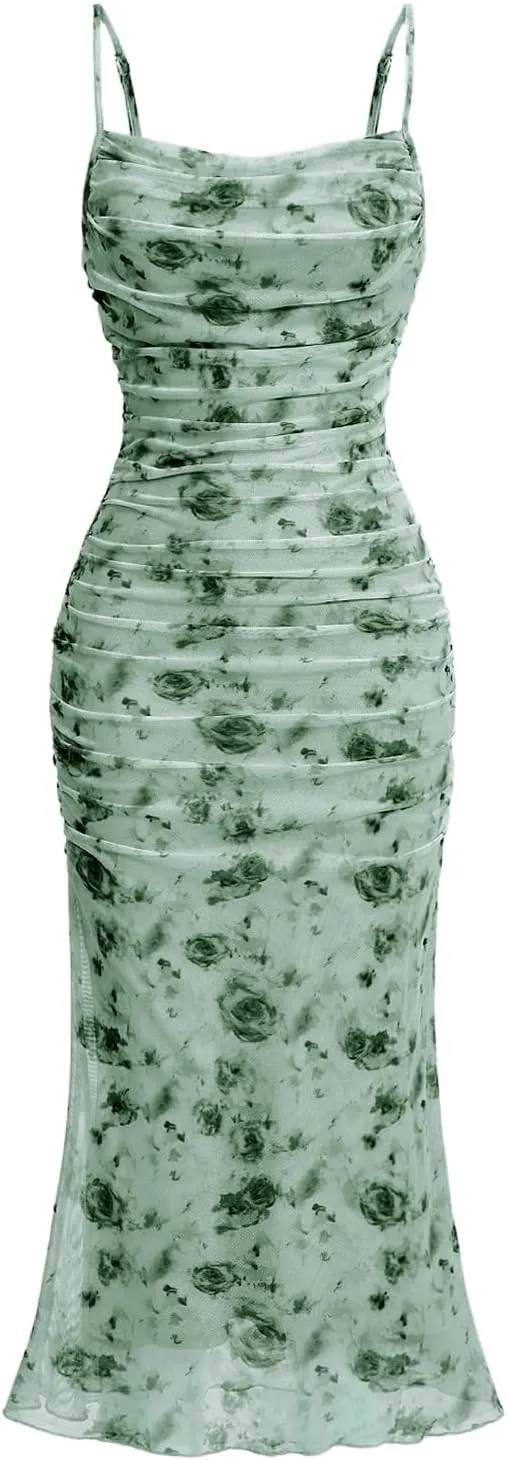 GORGLITTER Women's Floral Ruched Bodycon Midi Dress Mesh Sleeveless Fishtail Cami Dresses