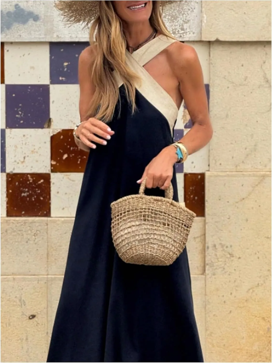 GORGLITTER Women's Sleeveless V Neck Oversized Maxi Long Dress Boho Bump Friendly Color Block Casual Beach Sun Dresses