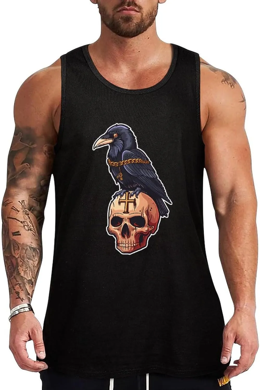 Gothic Crow On Skull with Ankh Mens Tank Top Cotton Undershirt Crewneck Sleeveless Shirt for Summer