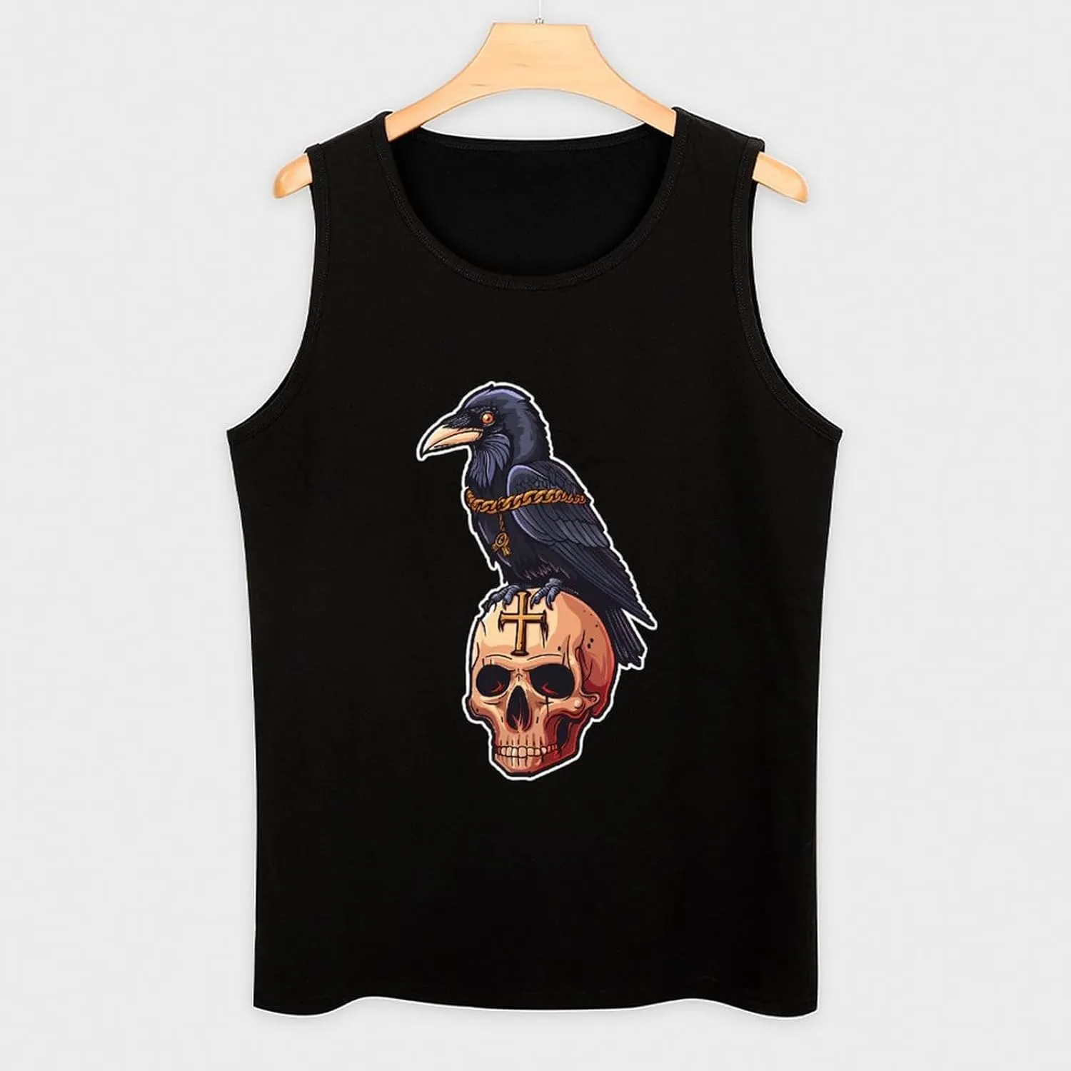 Gothic Crow On Skull with Ankh Mens Tank Top Cotton Undershirt Crewneck Sleeveless Shirt for Summer