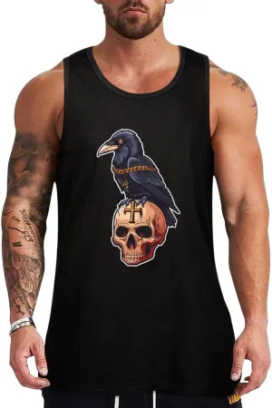 Gothic Crow On Skull with Ankh Mens Tank Top Cotton Undershirt Crewneck Sleeveless Shirt for Summer