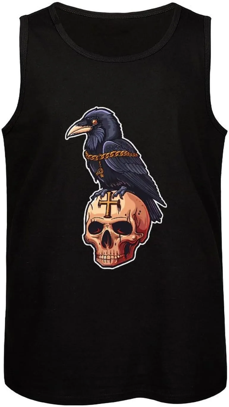 Gothic Crow On Skull with Ankh Mens Tank Top Cotton Undershirt Crewneck Sleeveless Shirt for Summer
