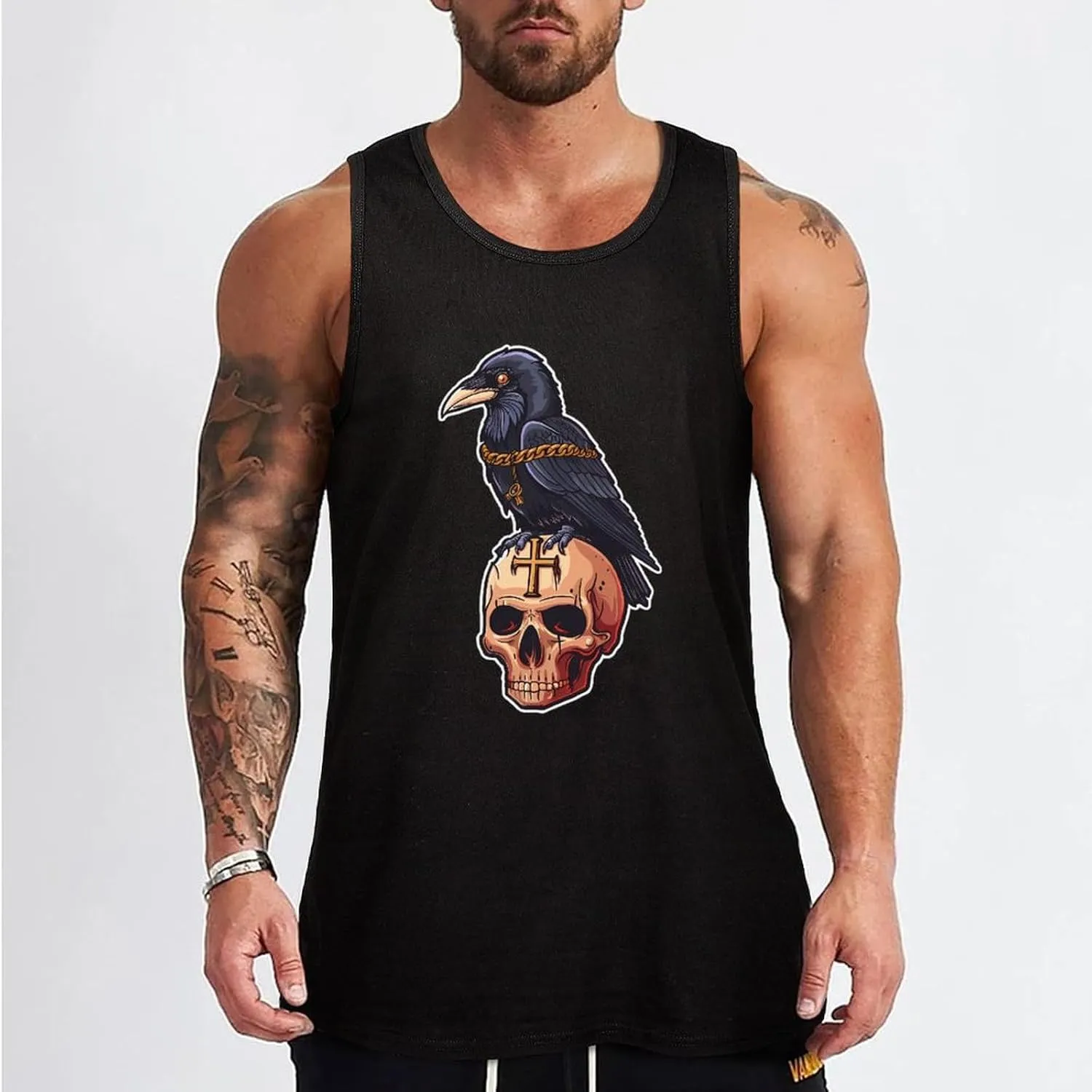 Gothic Crow On Skull with Ankh Mens Tank Top Cotton Undershirt Crewneck Sleeveless Shirt for Summer