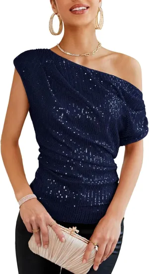 GRACE KARIN One Shoulder Sequin Sparkly Tops for Women Ruched Asymmetrical Glitter Tops Slimming Sparkle Party Shirts