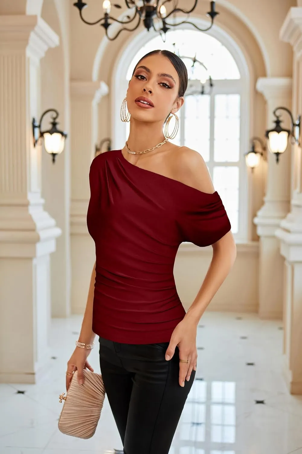 GRACE KARIN One Shoulder Summer Tops for Women Ruched Batwing Asymmetrical Tops Dressy Casual Party Shirts