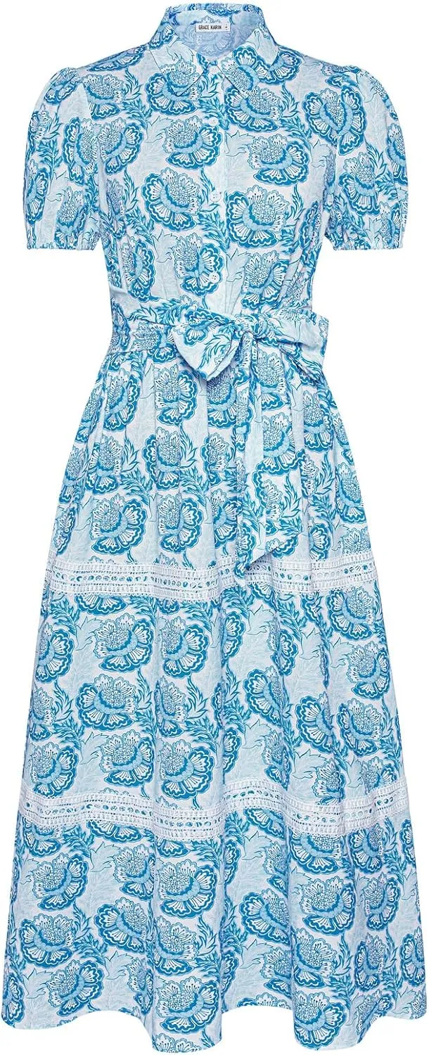 GRACE KARIN Women's 2025 Summer Floral Flowy Dresses Boho Tie Belt Short Puff Sleeve A Line Maxi Shirt Dress with Pocket