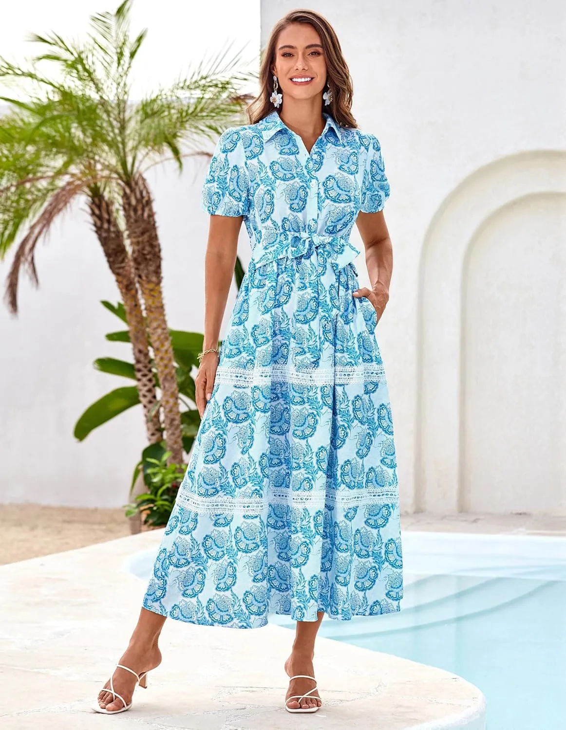 GRACE KARIN Women's 2025 Summer Floral Flowy Dresses Boho Tie Belt Short Puff Sleeve A Line Maxi Shirt Dress with Pocket