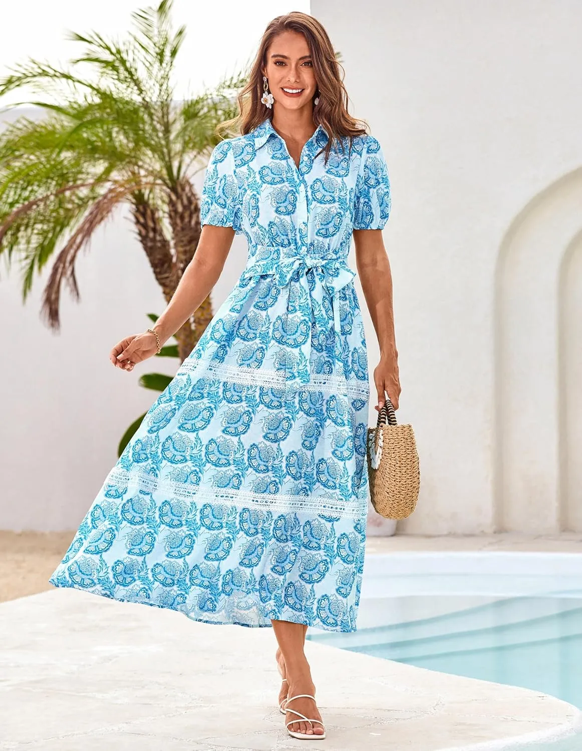 GRACE KARIN Women's 2025 Summer Floral Flowy Dresses Boho Tie Belt Short Puff Sleeve A Line Maxi Shirt Dress with Pocket