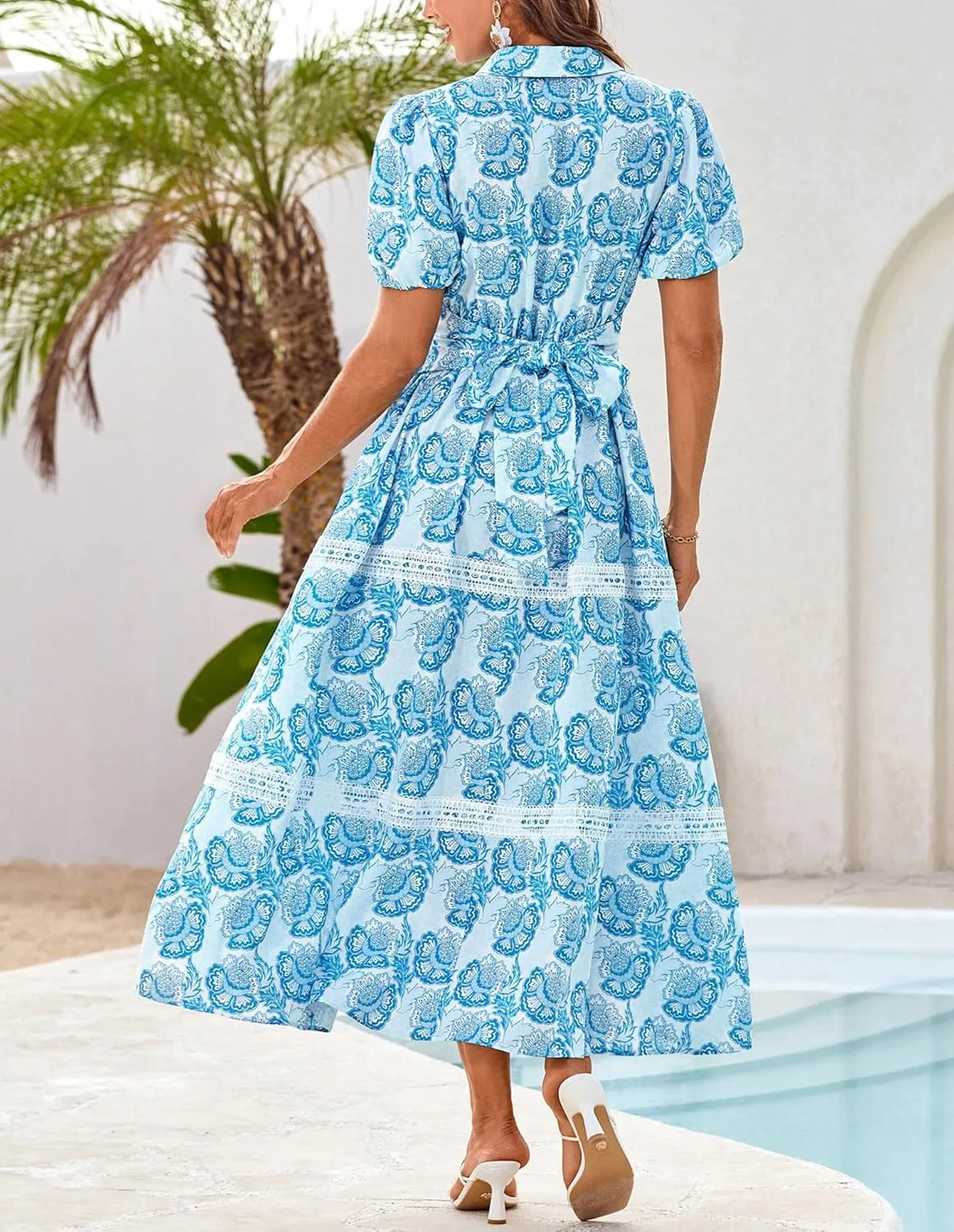 GRACE KARIN Women's 2025 Summer Floral Flowy Dresses Boho Tie Belt Short Puff Sleeve A Line Maxi Shirt Dress with Pocket