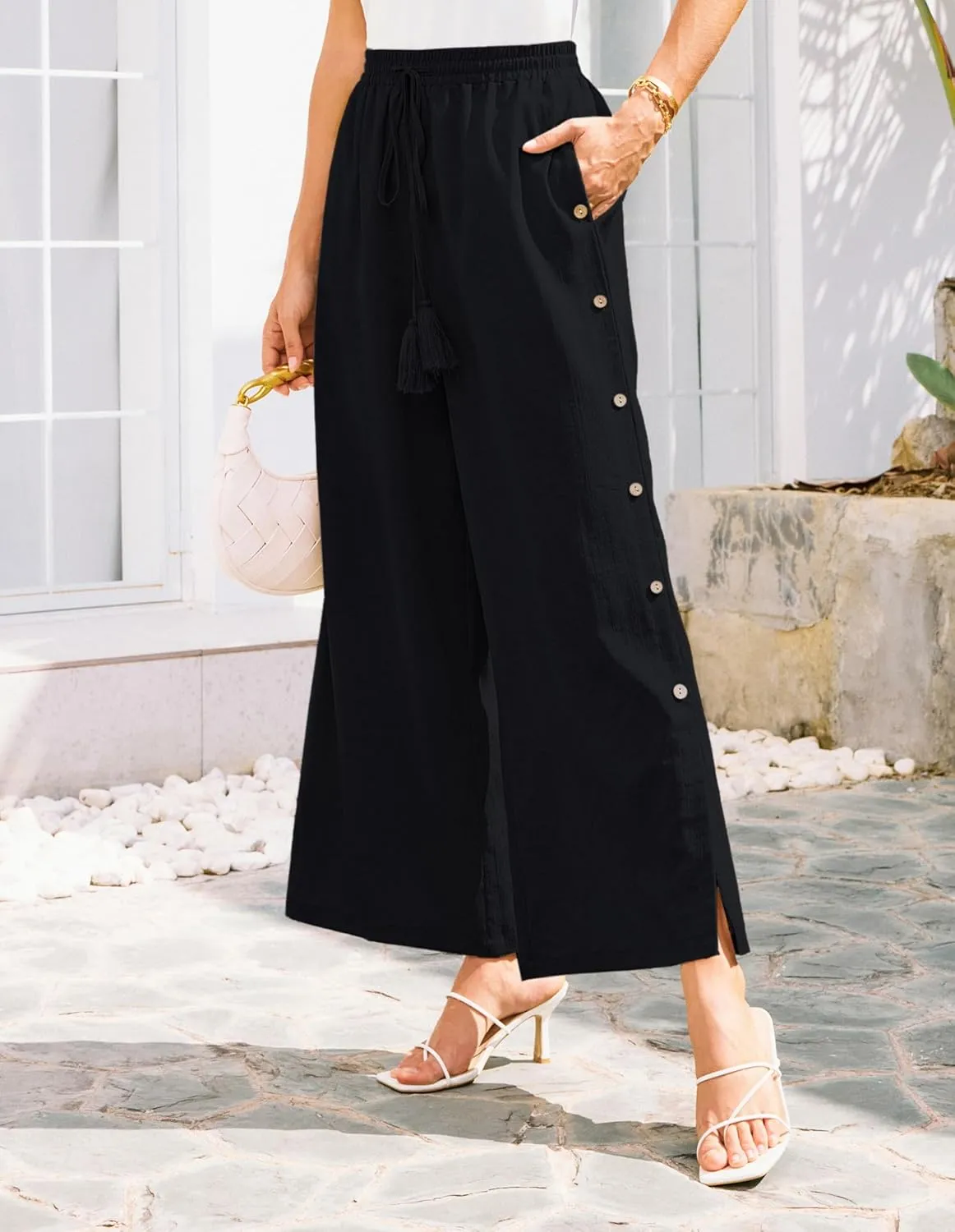 GRACE KARIN Women's Summer Wide Leg Pants High Waisted Palazzo Pants Caual Flowy Beach Trousers with Pockets