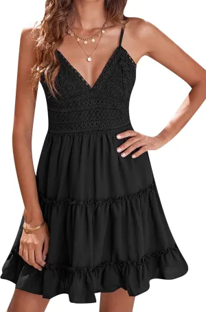 GRASWE Womens Summer V Neck Bowknot Spaghetti Strap Lace Dresses Sleeveless Flowy Dresses