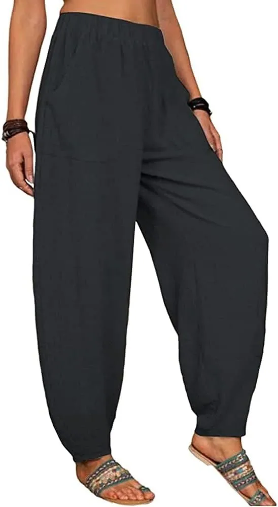 Guteidee Womens Cotton Blend Harem Beach Lightweight Tapered Baggy Pants Summer