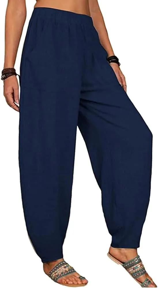 Guteidee Womens Cotton Blend Harem Beach Lightweight Tapered Baggy Pants Summer