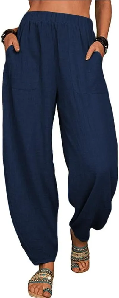 Guteidee Womens Cotton Blend Harem Beach Lightweight Tapered Baggy Pants Summer