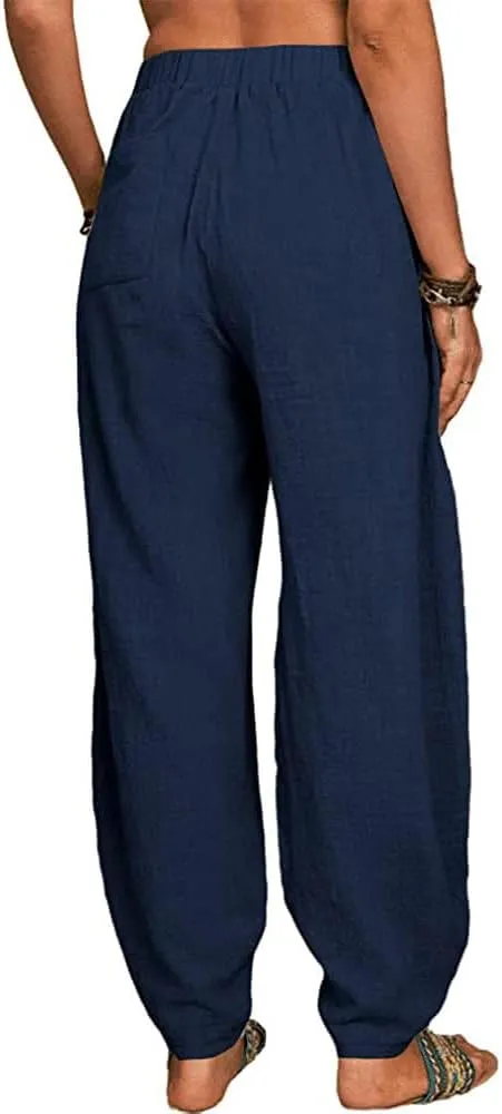 Guteidee Womens Cotton Blend Harem Beach Lightweight Tapered Baggy Pants Summer