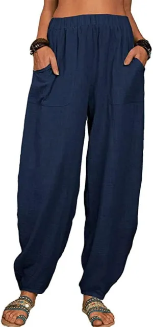 Guteidee Womens Cotton Blend Harem Beach Lightweight Tapered Baggy Pants Summer