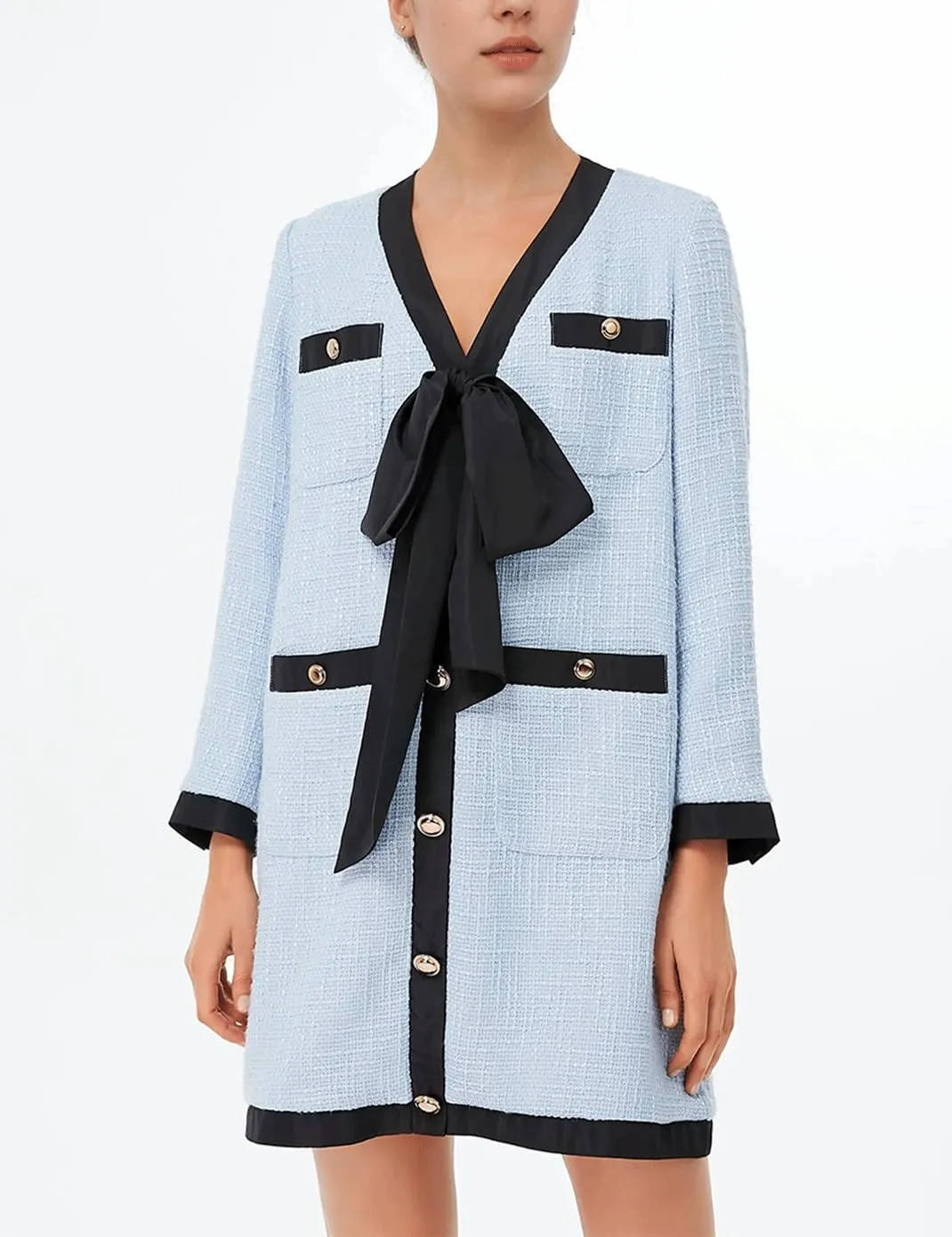 Haellun Women's Tweed Bow Dresses V Neck Long Sleeve Elegant Party Dress Button Down Bodycon Mini Dress